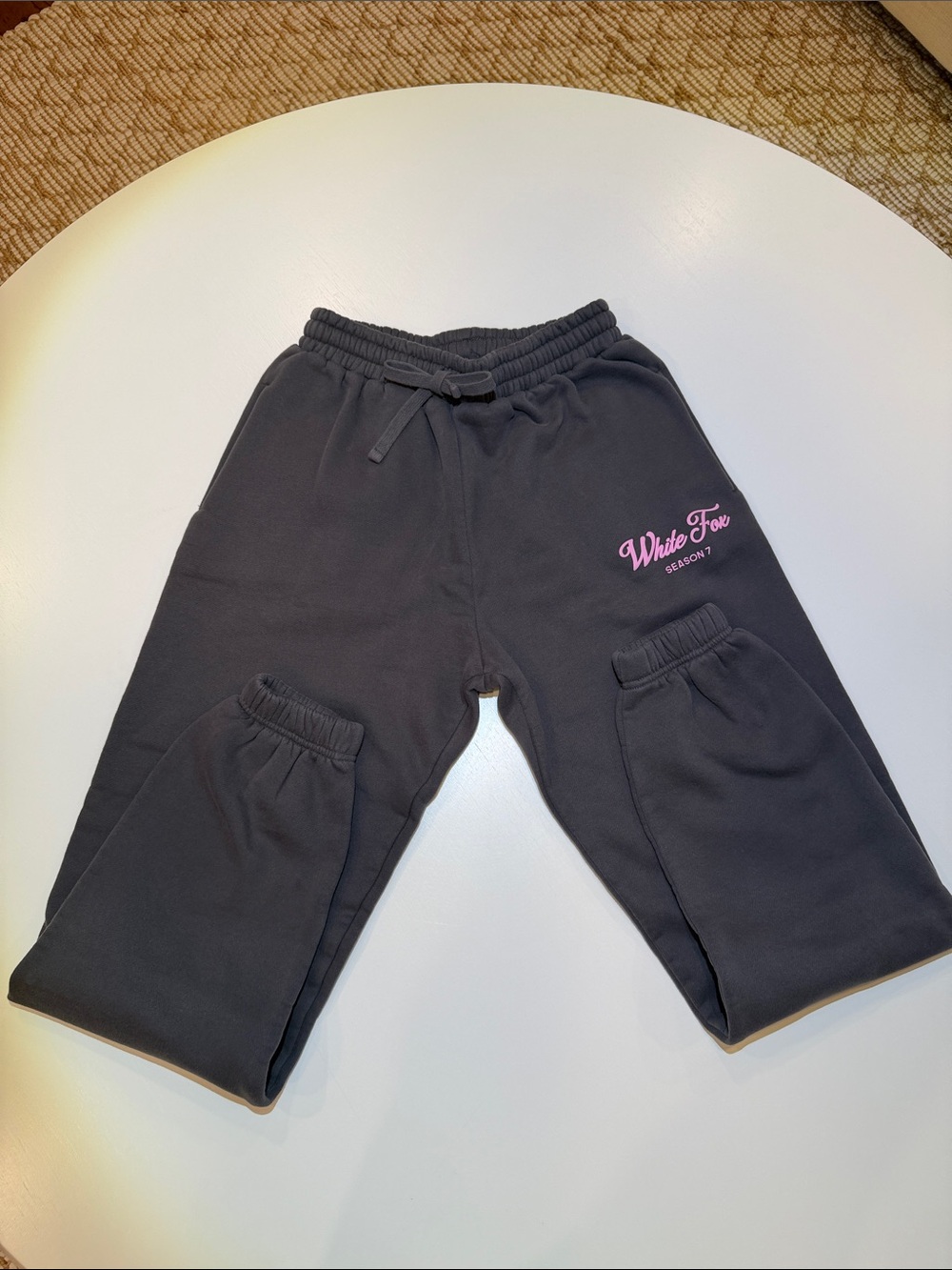 Women’s White Fox Grey Sweatpants with Pink Logo. Size XS